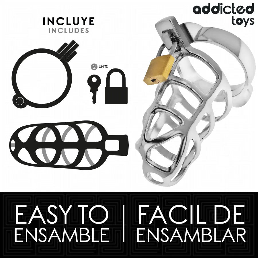 Cage de chasteté en métal argenté élégante avec cadenas, design robuste et sécurisé pour exploration et contrôle.