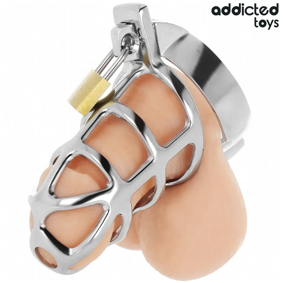 Cage de chasteté en métal argenté élégante et robuste, design sécurisé pour exploration, par Addicted Toys.