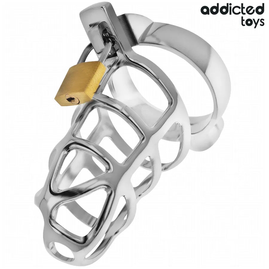 Cage chasteté métal argentée Addicted Toys, design élégant et robuste, avec cadenas doré pour sécurité et exploration.