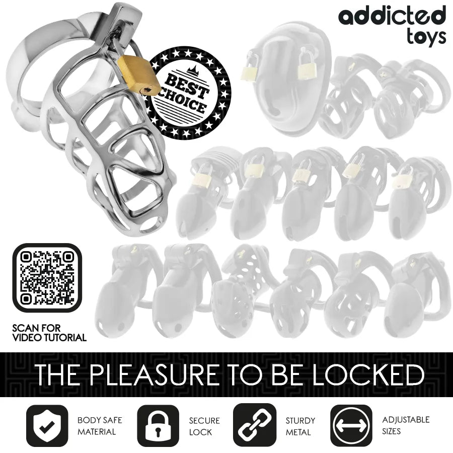 Cage de chasteté en métal argenté « Silver Lock » élégante, robuste, avec serrure dorée, par Addicted Toys.