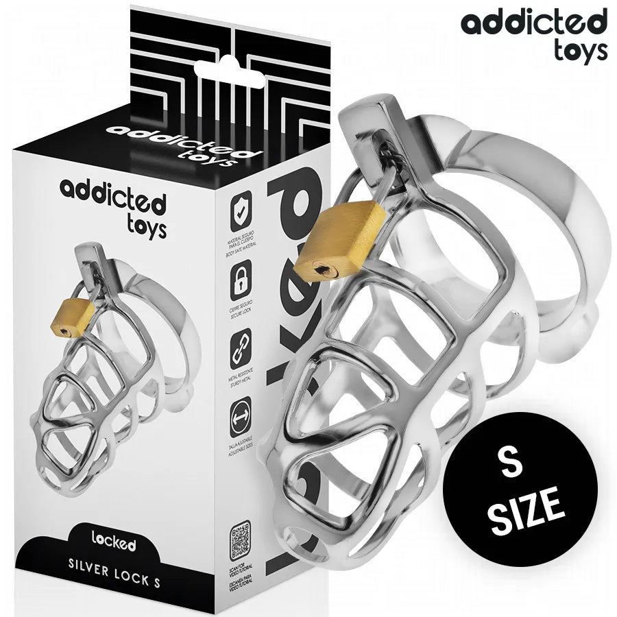 Cage de chasteté métal argentée Addicted Toys, design élégant et robuste, sécurité et contrôle, exploration haut de gamme.