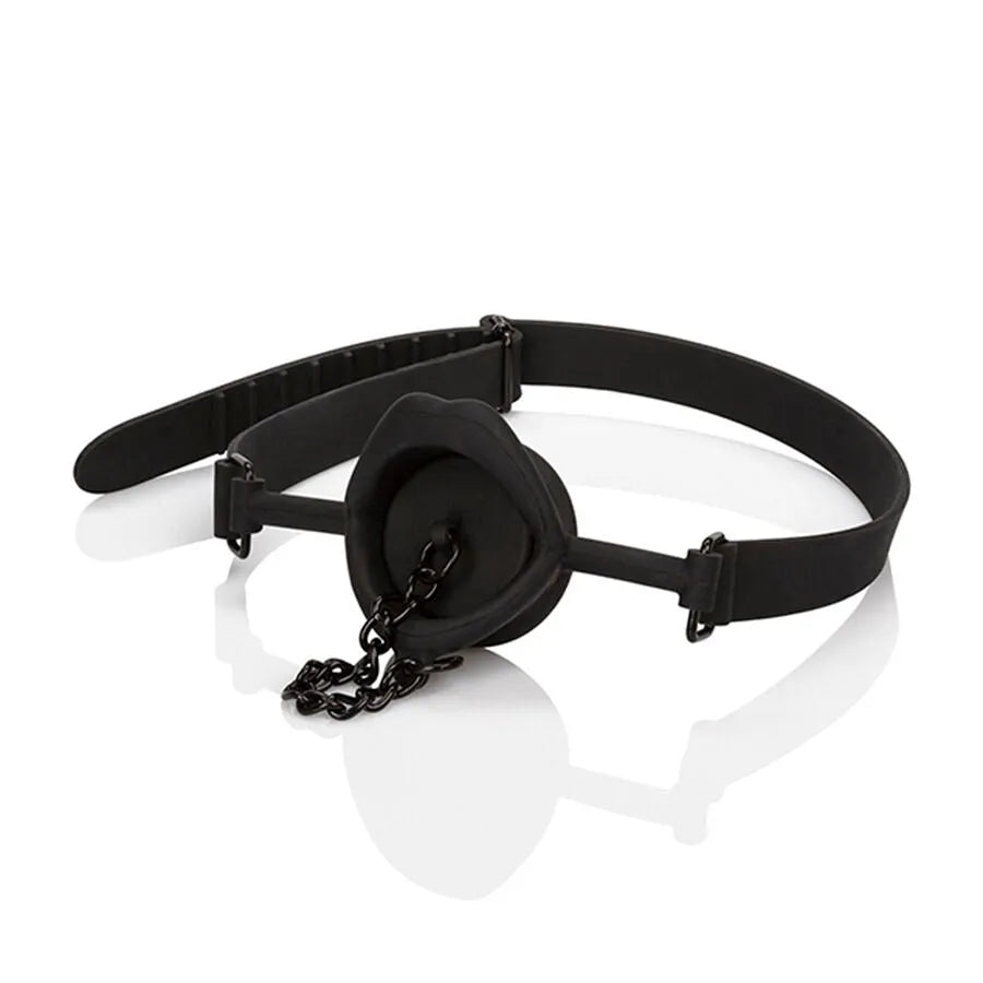 Bâillon noir en silicone avec plug, design élégant, idéal pour jeux de rôle et bondage, ajustable pour confort optimal.