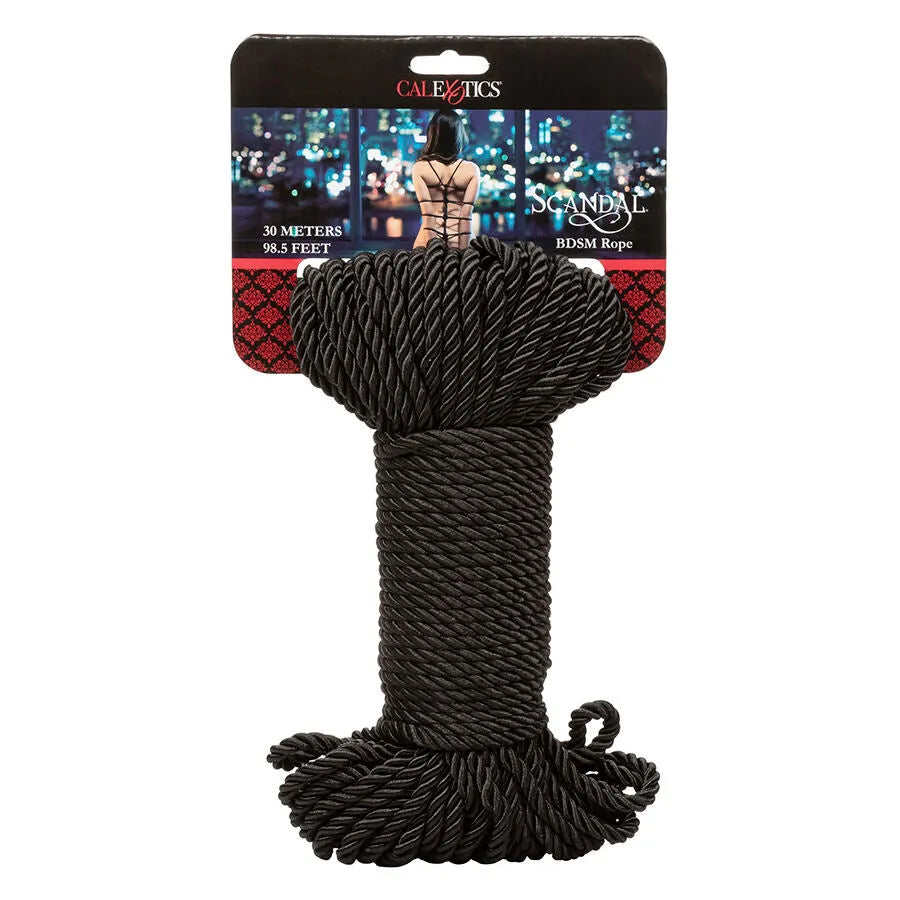 Corde BDSM noire Scandal 30m, douce et soyeuse, idéale pour Shibari et jeux de bondage créatifs.