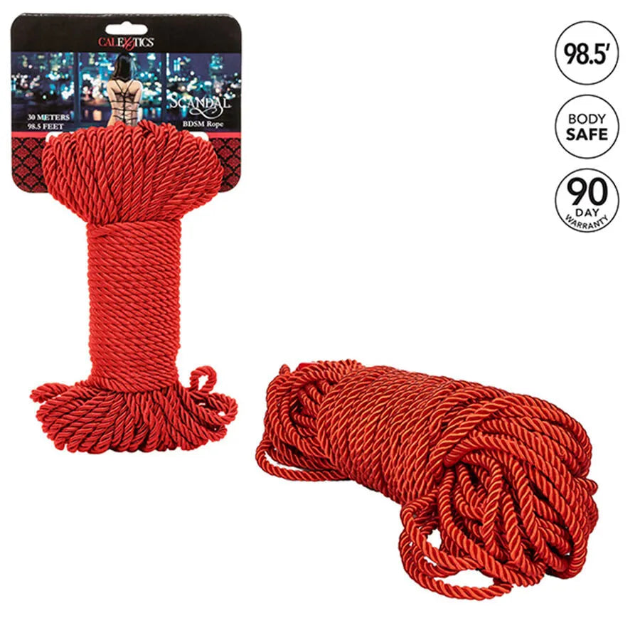 Corde BDSM rouge Scandal 30m, douce et soyeuse, idéale pour Shibari et jeux de bondage créatifs.