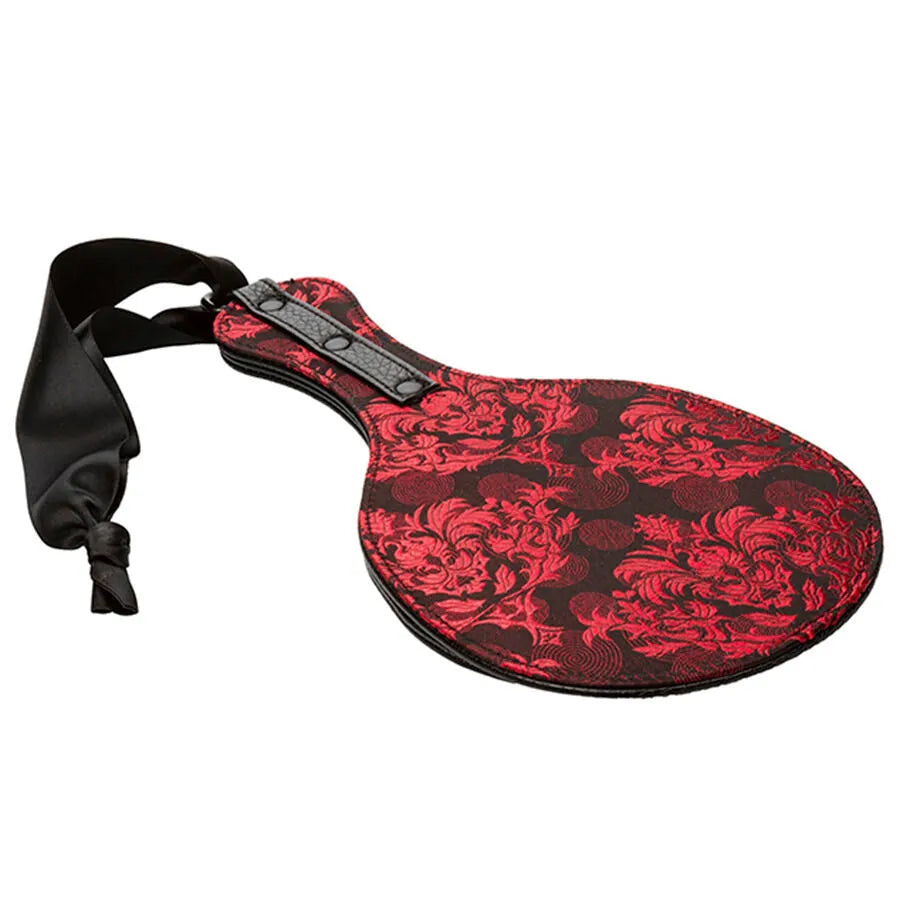 Palette double ronde Scandal, brocart rouge et noir, poignée robuste, intérieur similicuir, design élégant et coquin.