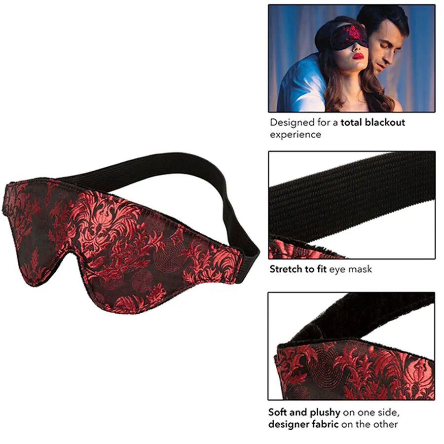 Masque pour les yeux Scandal, brocart rouge et noir, bandeau élastique, occultation totale, idéal pour jeux sensoriels.
