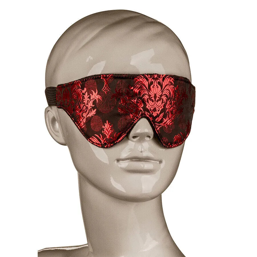 Masque pour les yeux Scandal en brocart rouge et noir, design élégant, idéal pour jeux sensoriels et sommeil profond.