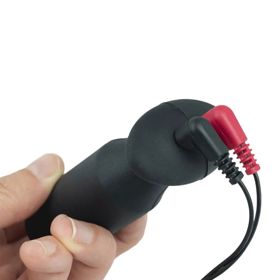 Câble noir et rouge pour stimulateur ElectraStim, 1,2 m, branché sur un jouet insérable, design ergonomique et sécurisé.