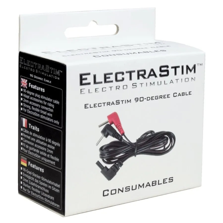 Câble noir ElectraStim 1,2m pour jouets insérables, connecteurs à angle droit, emballage blanc avec texte descriptif.