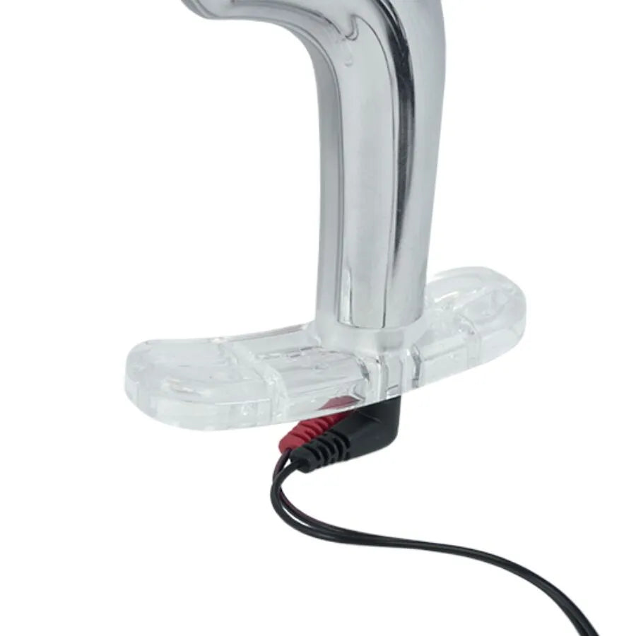 Câble noir de 1,2 m pour stimulateur ElectraStim, connecté à un jouet insérable argenté avec base transparente.