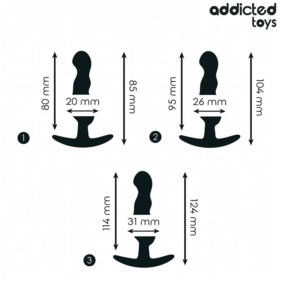 Lot de 3 plugs anal Addicted Toys noirs, tailles graduées, design ergonomique incurvé, sécurité et confort optimisés.