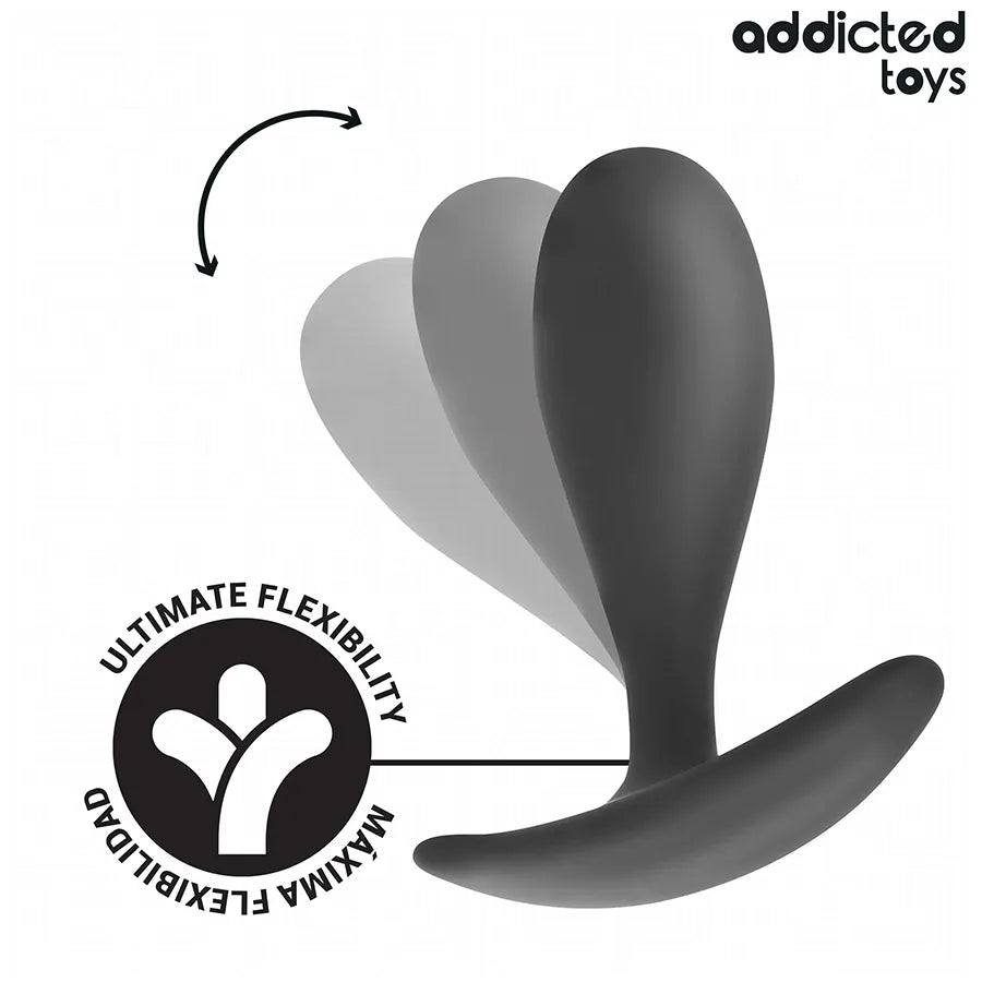 Set de 3 plugs anaux Addicted Toys en silicone noir, tailles progressives, base ancre pour confort et sécurité.