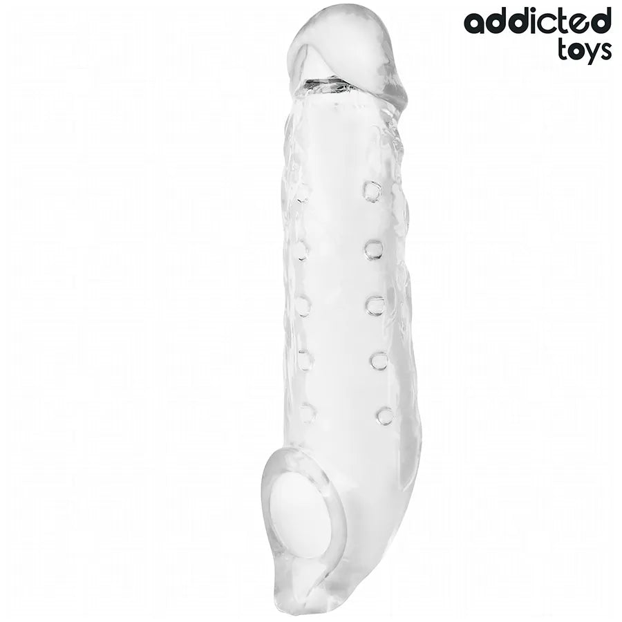 Gaine pénis transparente 27 cm Addicted Toys, design réaliste, silicone TPE, douce et flexible, taille M.