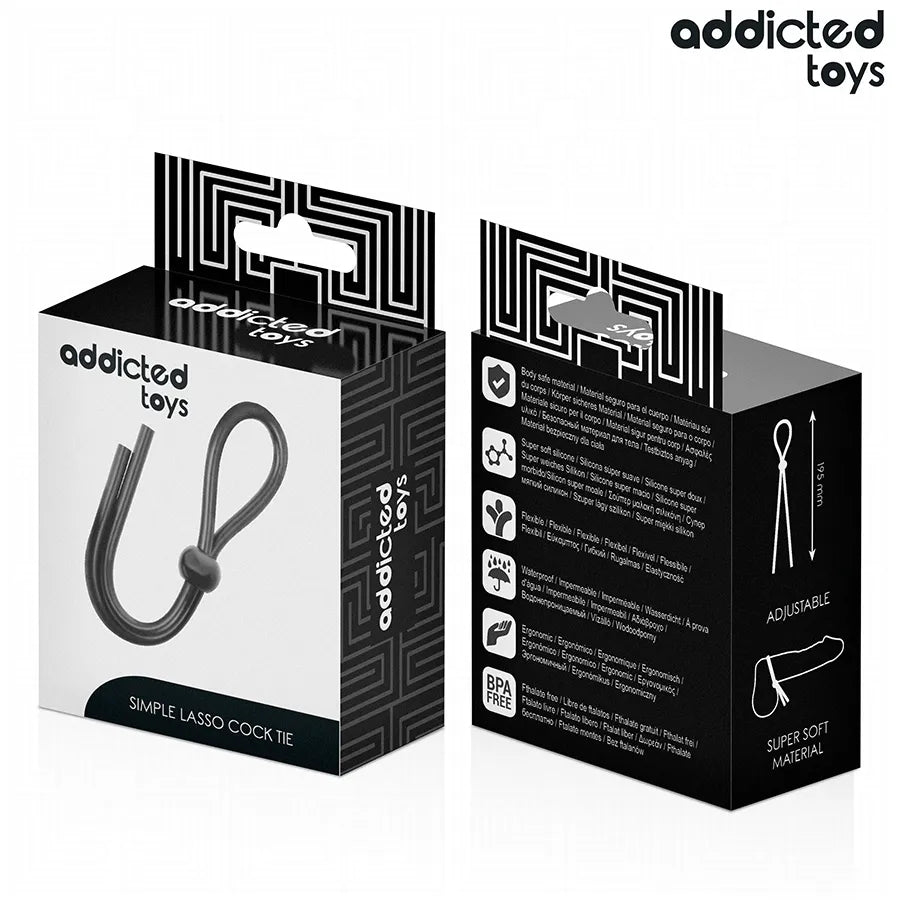 Corde pénis silicone noire Addicted Toys, boucle unique, flexible, longueur 195 mm, emballage noir et blanc.