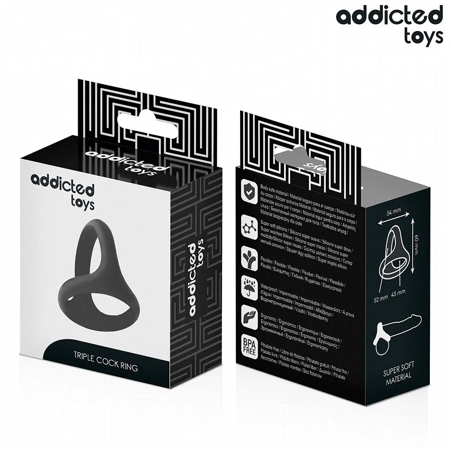 Anneau pénien triple épaisseur noir Addicted Toys, design ergonomique, boîte avec détails produit, matériau souple.