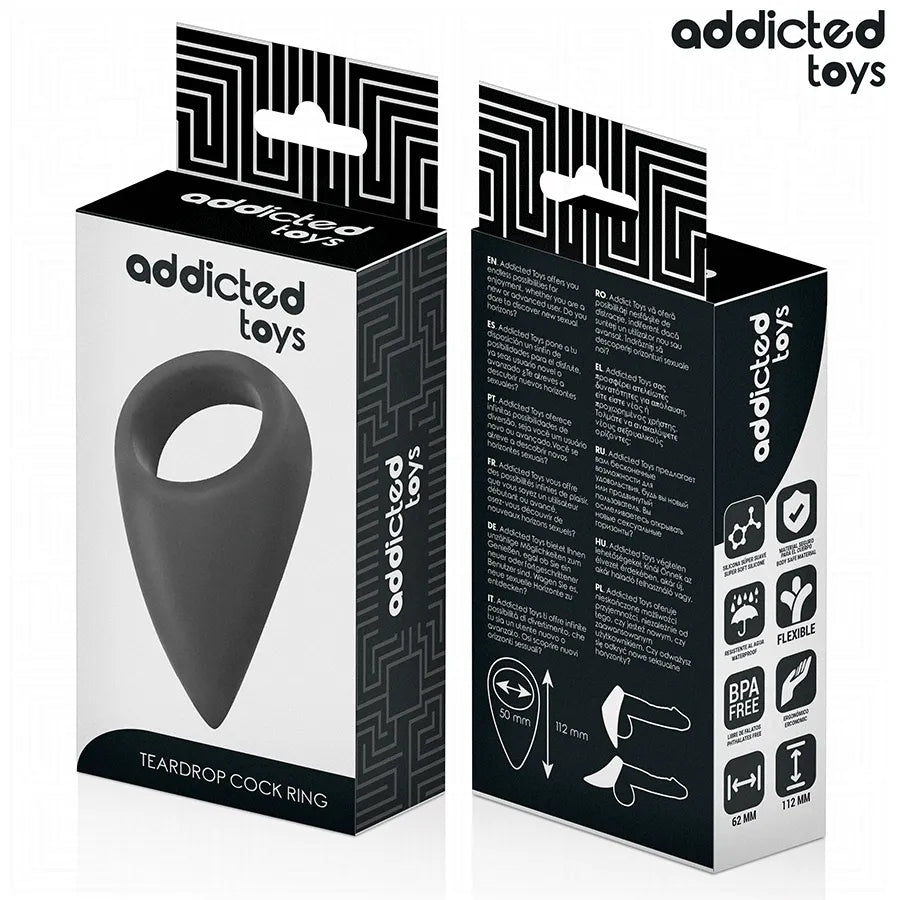 Anneau pénien noir en forme de larme, Addicted Toys, sur emballage illustrant design ergonomique et détails produit.