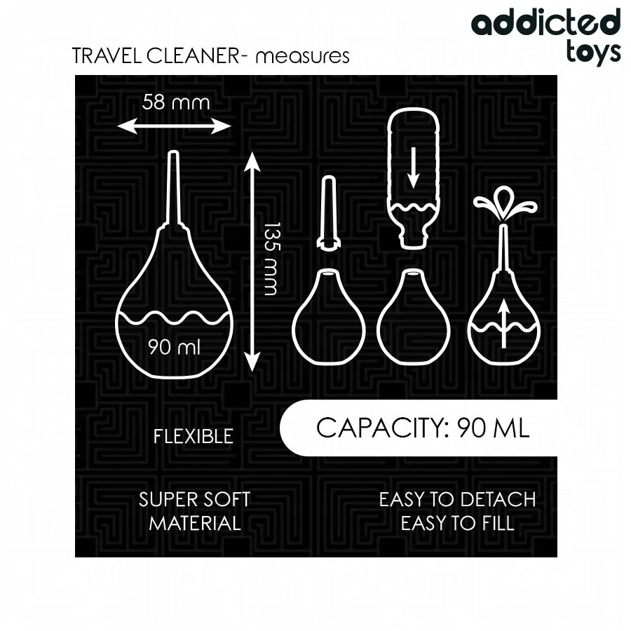 Nettoyant anal Addicted Toys, 90 ml, compact, ergonomique, noir, design flexible, facile à remplir et détacher.