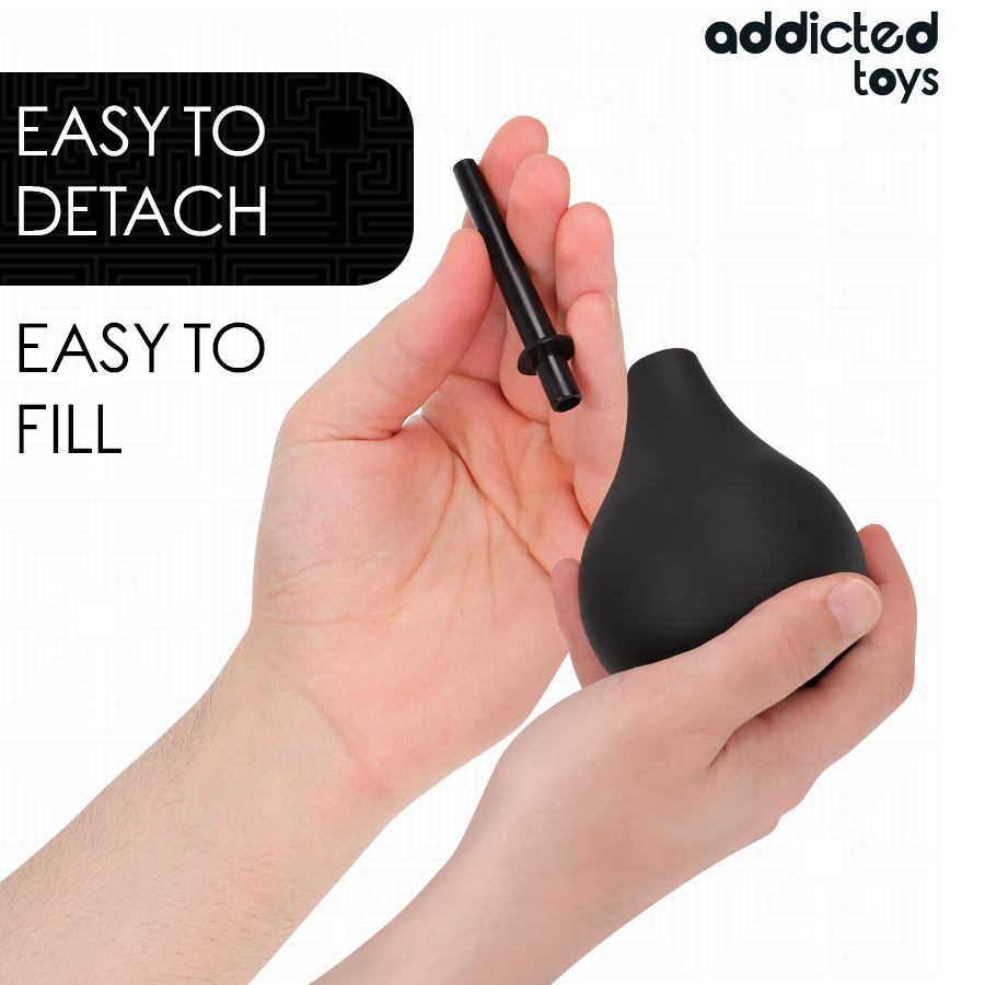 Nettoyant anal Addicted Toys noir, ergonomique, 220 ml, démontable, facile à remplir, idéal pour nettoyage profond.
