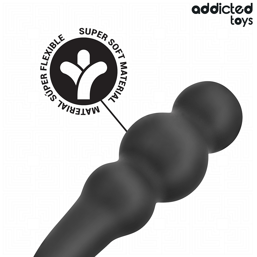 Plug anal noir Addicted Toys, forme ondulée, anneau intégré, matériau souple et flexible pour stimulation anale sécurisée.
