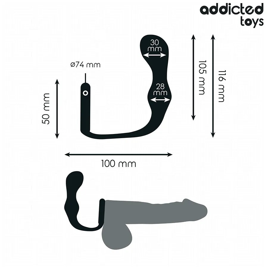 Plug anal noir Addicted Toys avec anneau, silicone médical, design ergonomique, dimensions visibles, stimulation prostatique.