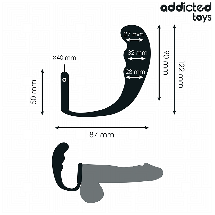Plug anal noir avec anneau testiculaire, design ergonomique, dimensions détaillées, Addicted Toys Modèle 4.