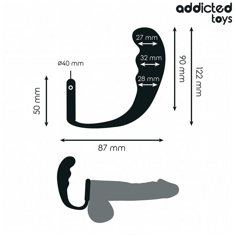 Plug anal noir avec anneau testiculaire, design ergonomique, dimensions détaillées, Addicted Toys Modèle 4.