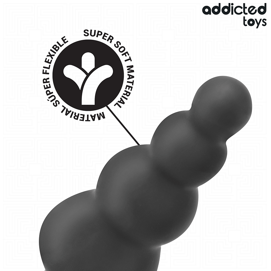 Plug anal noir Addicted Toys avec anneau testiculaire, design innovant et flexible, pour stimulation anale intense.