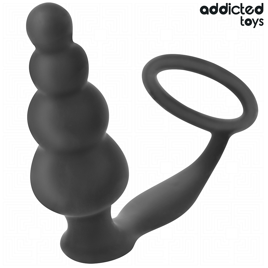 Plug anal noir Addicted Toys Model 5 avec anneau testiculaire, design ergonomique pour stimulation anale intense.