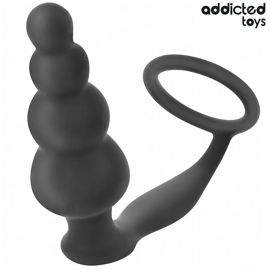Plug anal noir Addicted Toys Model 5 avec anneau testiculaire, design ergonomique pour stimulation anale intense.