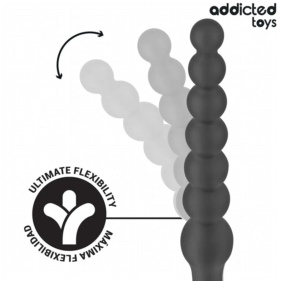 Massager anal Addicted Toys 24 cm en silicone noir avec sphères graduées et base large, flexibilité maximale.