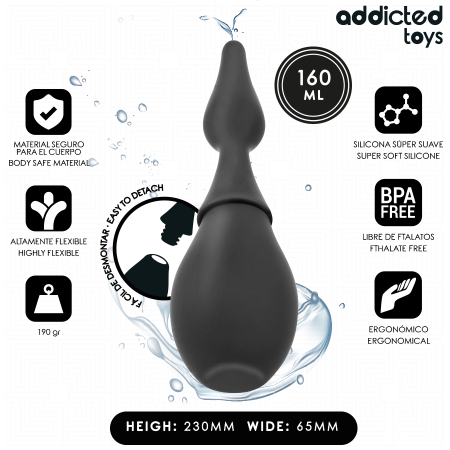 Nettoyeur de voyage Addicted Toys noir, forme ergonomique, 230 mm, silicone douce, idéal pour hygiène sextoys en déplacement.