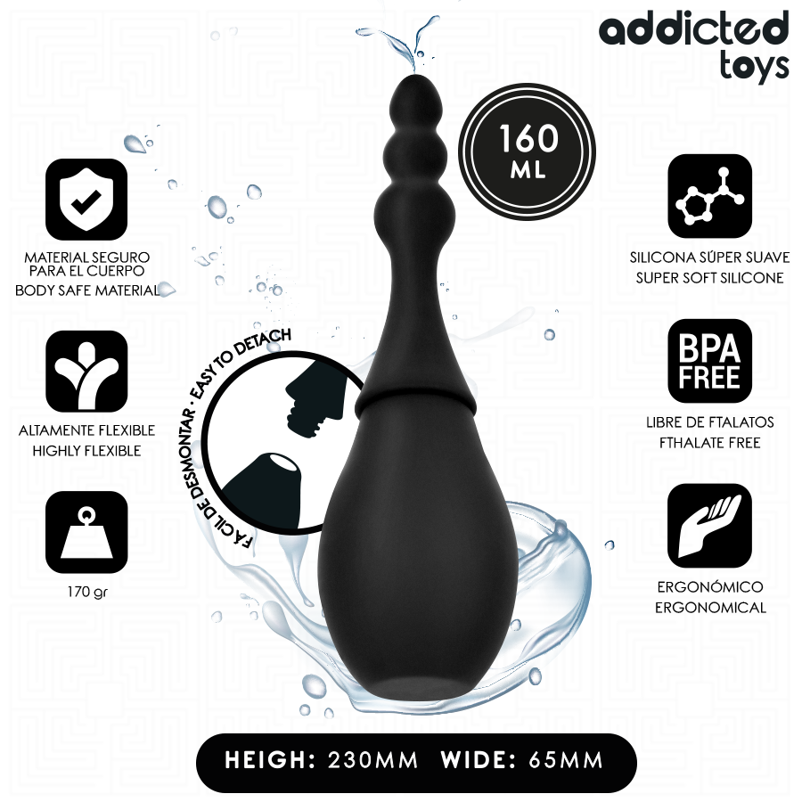 Nettoyant de voyage Addicted Toys Model 4 noir, design ergonomique, 230 mm, silicone douce, idéal pour désinfection rapide.