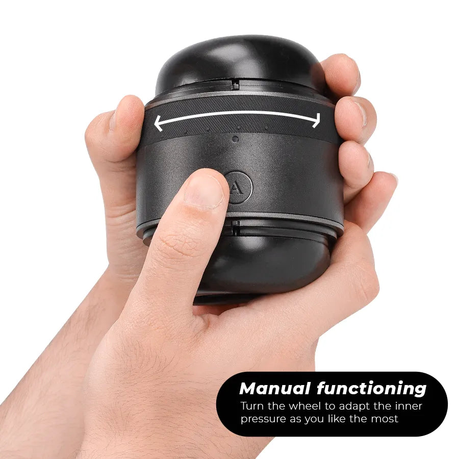 Stroker Arcwave Voy noir compact en silicone, ajustable, tenu dans une main, avec système de réglage d'étanchéité.