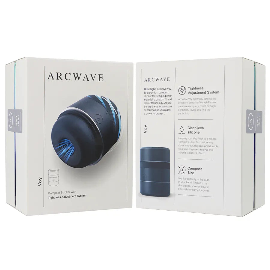 Boîte du stroker Arcwave Voy, compact et noir, avec système de réglage d'étanchéité et silicone CleanTech.