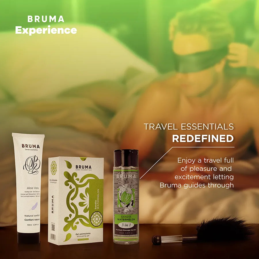 Coffret Bruma Xperience: gel rouge, lubrifiant, huile, plume noire, bandeau satin, parfum pastèque douce, sensualité.