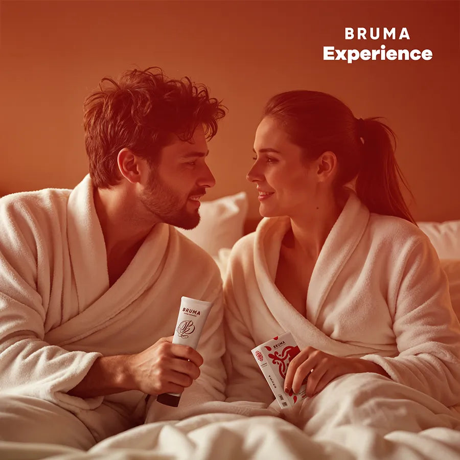 Kit Tentation Fraise Douce BRUMA: gel stimulant, lubrifiant, huile de massage, plume, bandeau satin, ambiance sensuelle.