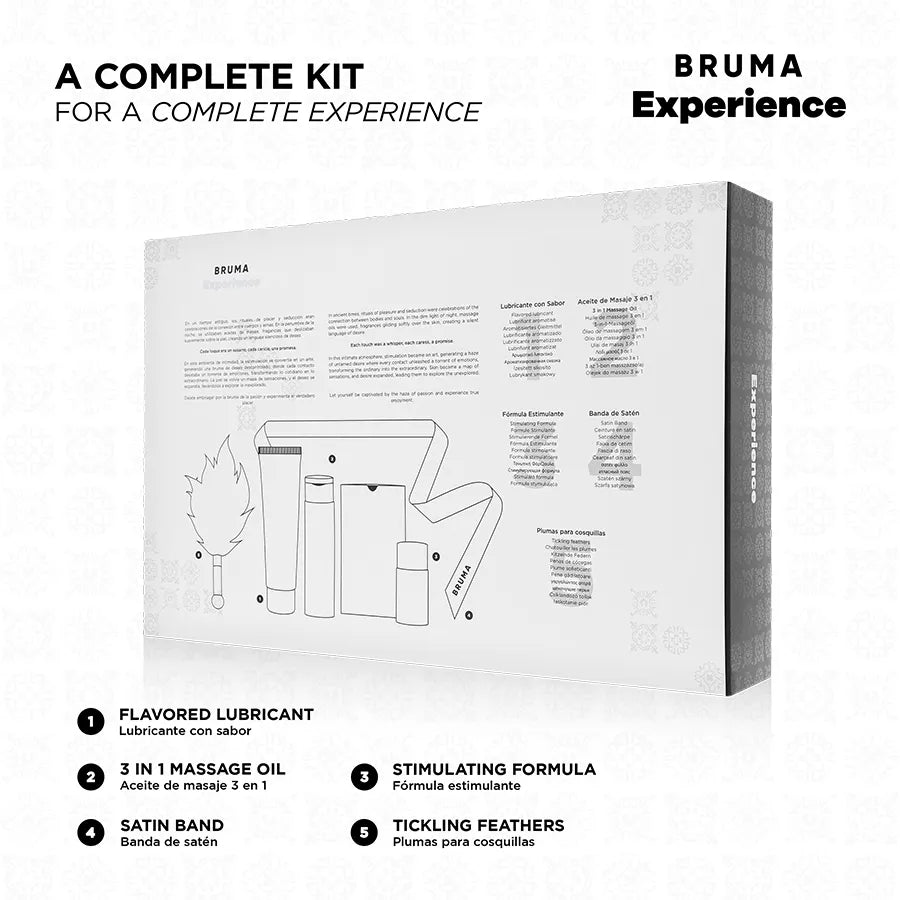 Kit BRUMA XPERIENCE Tentation Pina Colada avec lubrifiant, huile, plume, bandeau et gel stimulant sur fond blanc.