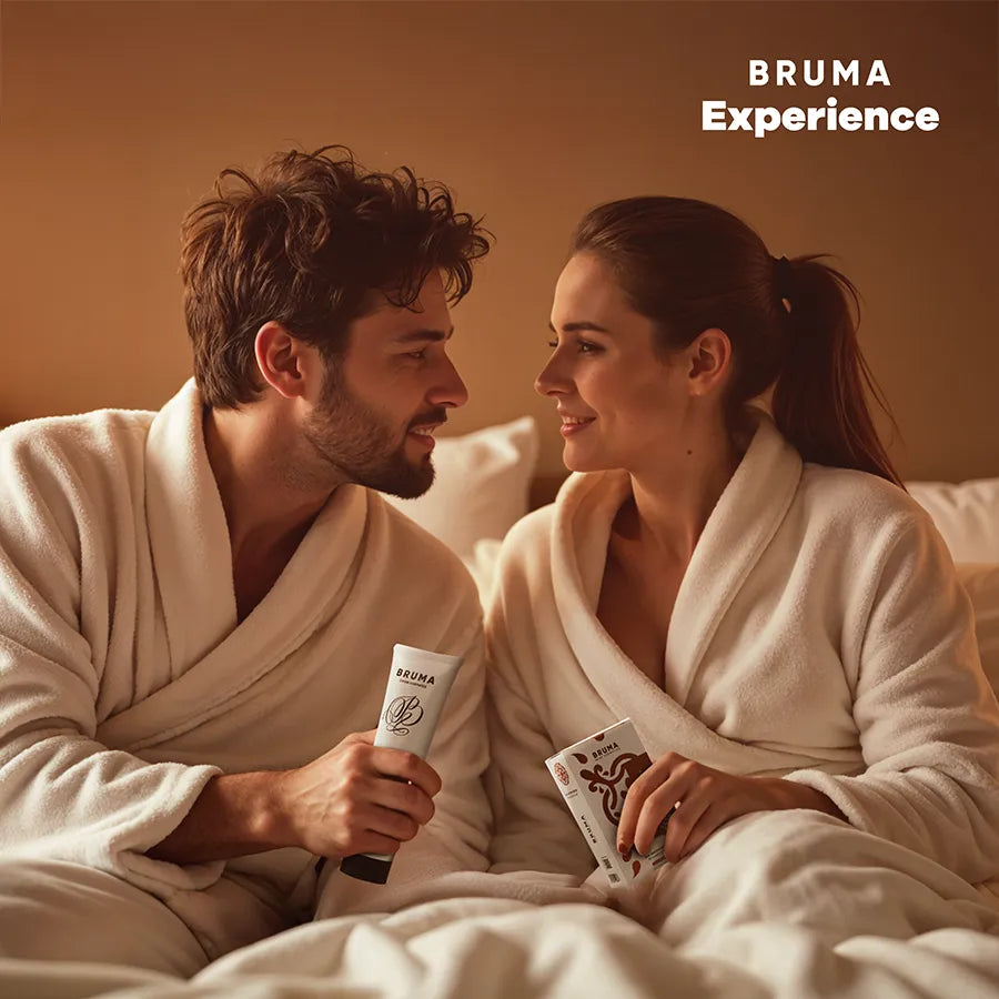 Kit BRUMA XPERIENCE: lubrifiant sucré, huile chaude, plume coquine, bandeau satin pour plaisir sensuel et gourmand.