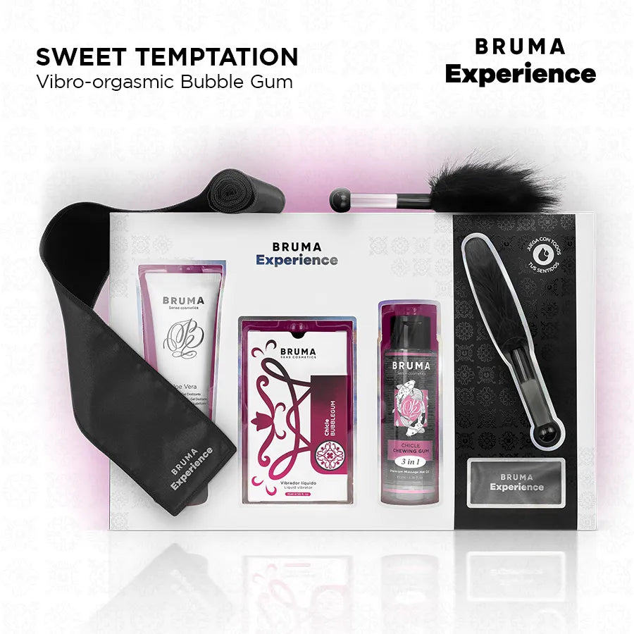 Kit Bruma Xperience rose avec lubrifiant, huile, plume noire, bandeau et vibromasseur liquide pour plaisir sensoriel.