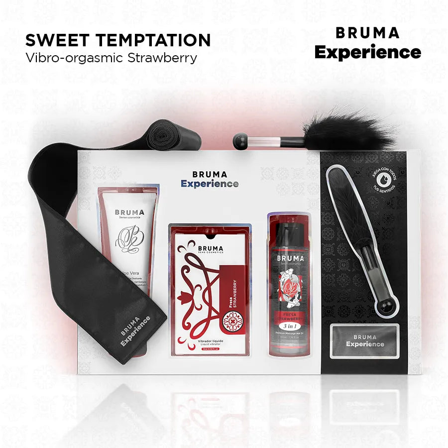 Kit BRUMA XPERIENCE Tentation Fraise avec lubrifiant, huile, plume noire, bandeau et vibromasseur liquide.
