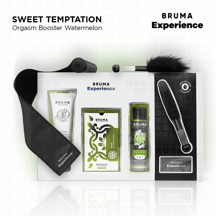 Coffret Bruma Xperience rouge avec gel stimulant, lubrifiant, huile de massage, plume noire et bandeau satin.