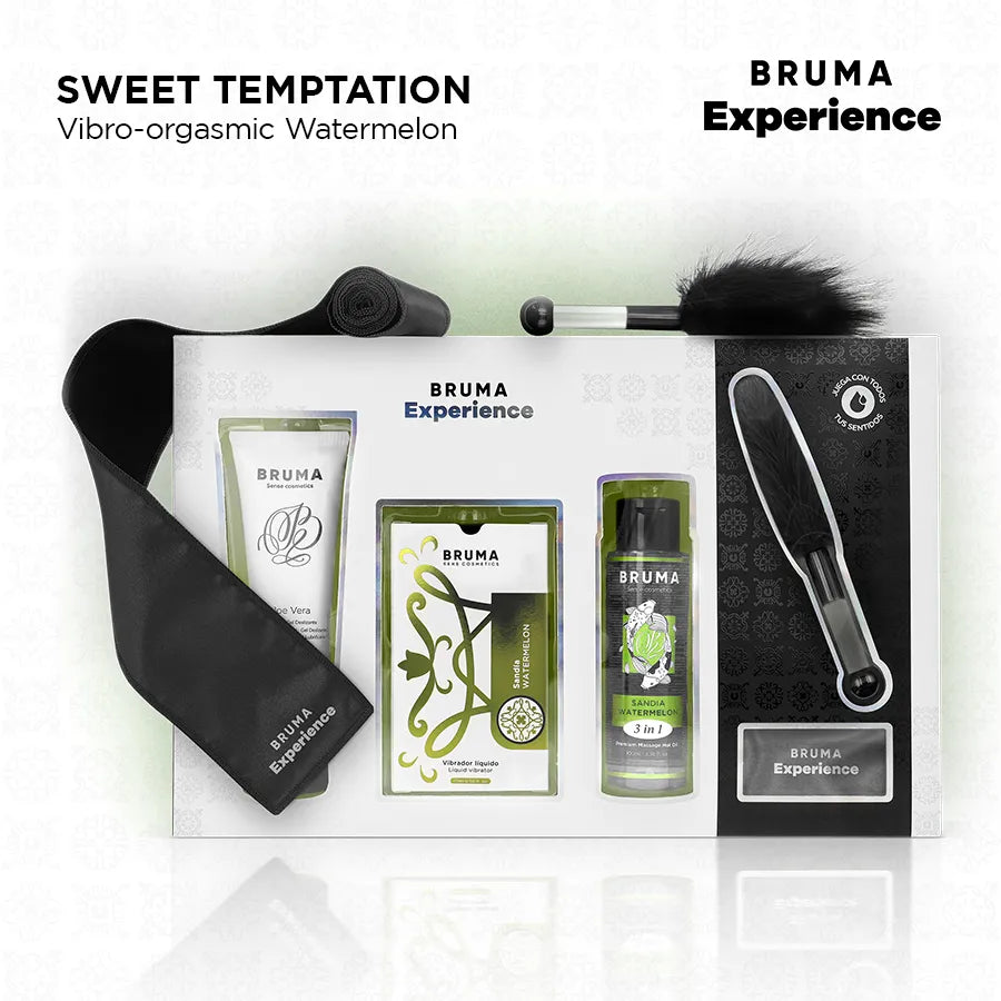 Coffret BRUMA XPERIENCE Tentation Douce, pastèque, avec lubrifiant, huile, plume noire, bandeau noir, packaging élégant.