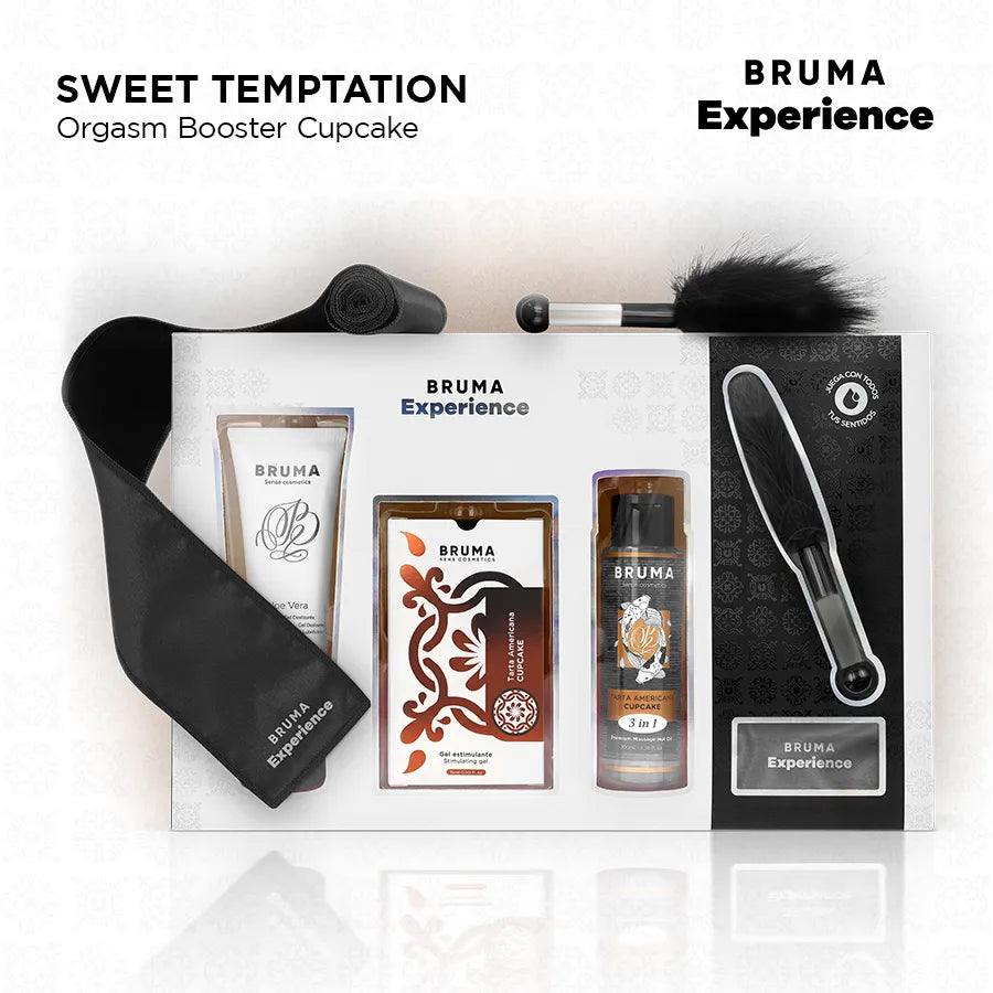Coffret BRUMA XPERIENCE avec lubrifiant, huile chaude, plume noire, bandeau satin, design élégant et packaging blanc.