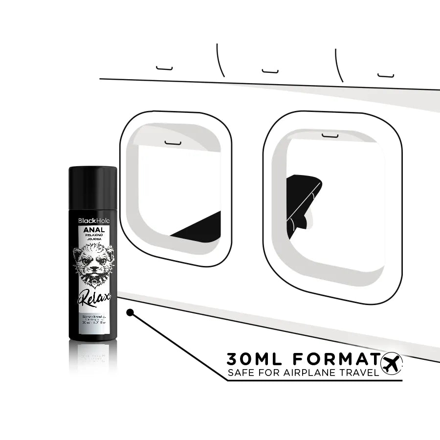 Flacon noir 30ml de gel silicone Black Hole, dilatateur anal, avec étiquette blanche et design moderne.