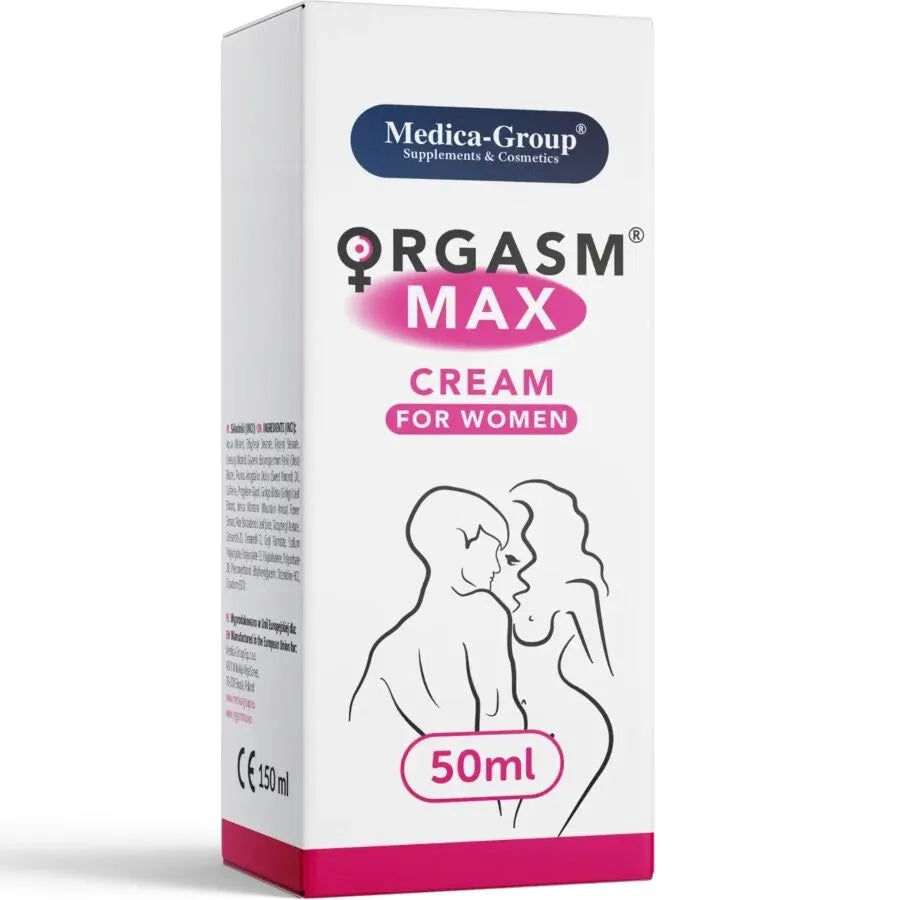 Crème intime Orgasm Max 50ml pour femmes, boîte blanche et rose, silhouette féminine, stimulation intense, Medica Group.