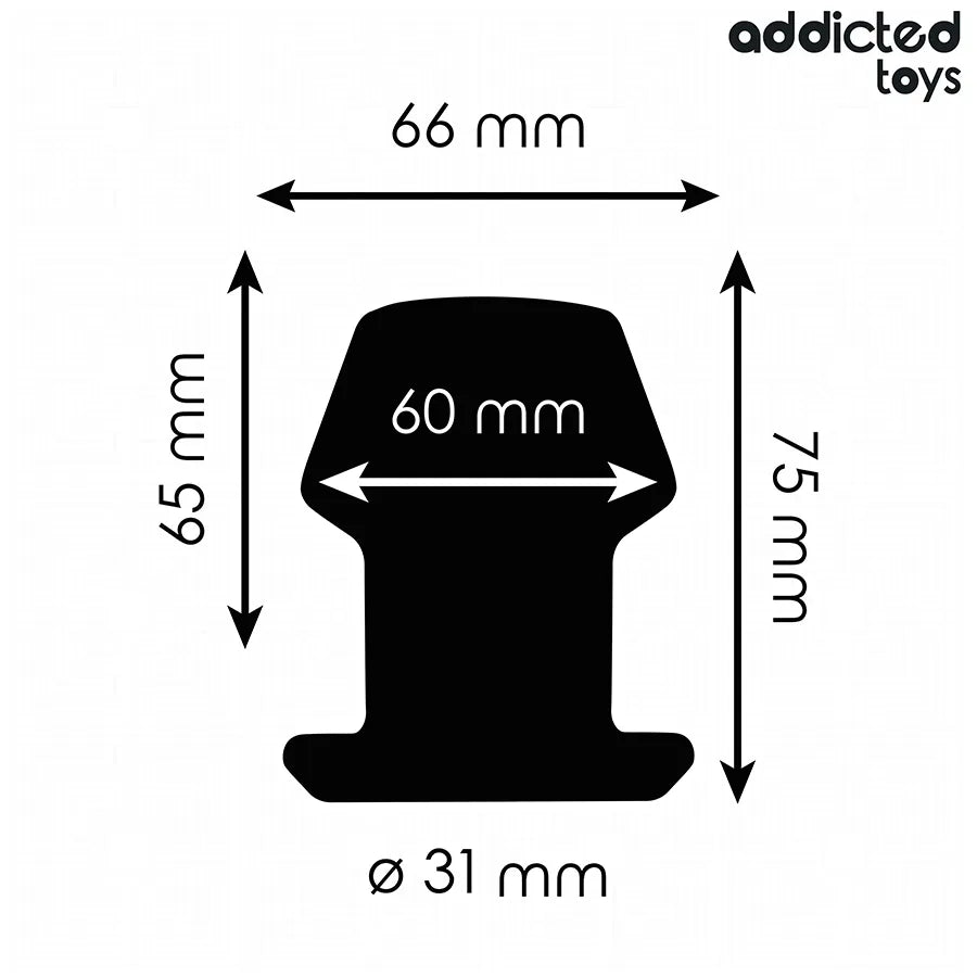 Plug anal creux Addicted Toys, noir, taille S, 7,5 cm, forme évasée, dimensions visibles pour usage avancé.