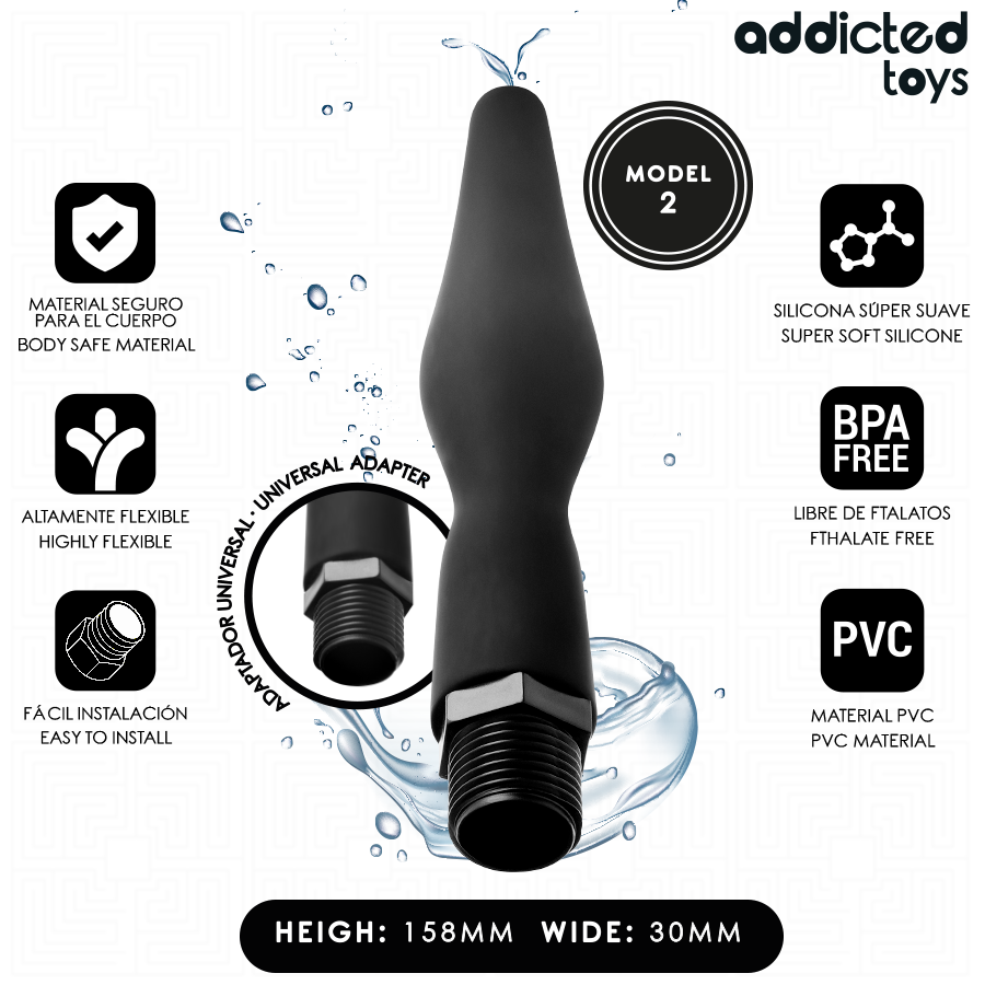 Nettoyeur anal Addicted Toys Modèle 2, noir, forme effilée, adaptateur universel, PVC souple, hygiène intime.