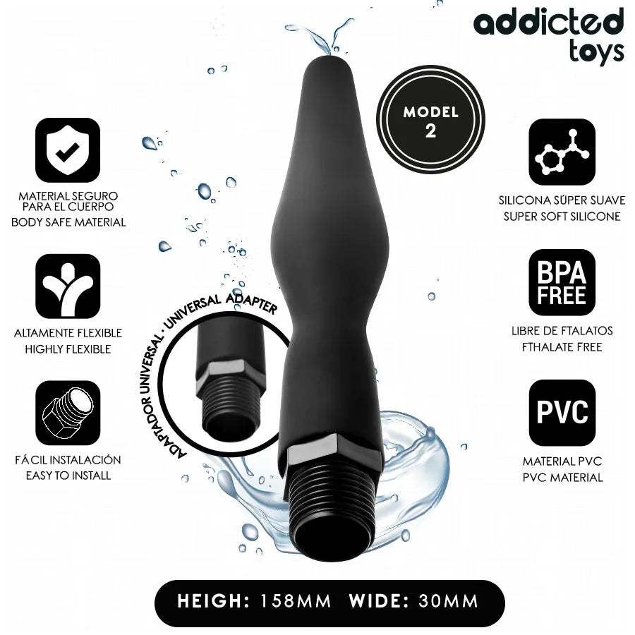 Nettoyeur anal Addicted Toys Modèle 2, noir, forme effilée, adaptateur universel, PVC souple, hygiène intime.