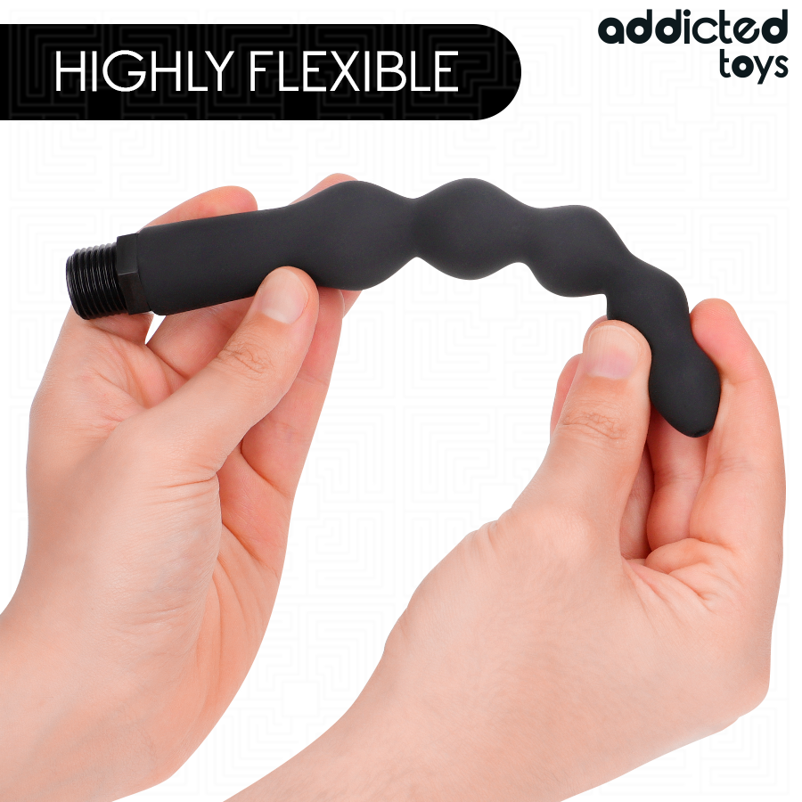Nettoyeur anal noir Addicted Toys Modèle 5, flexible, ondulé, avec adaptateur universel, pour hygiène intime efficace.