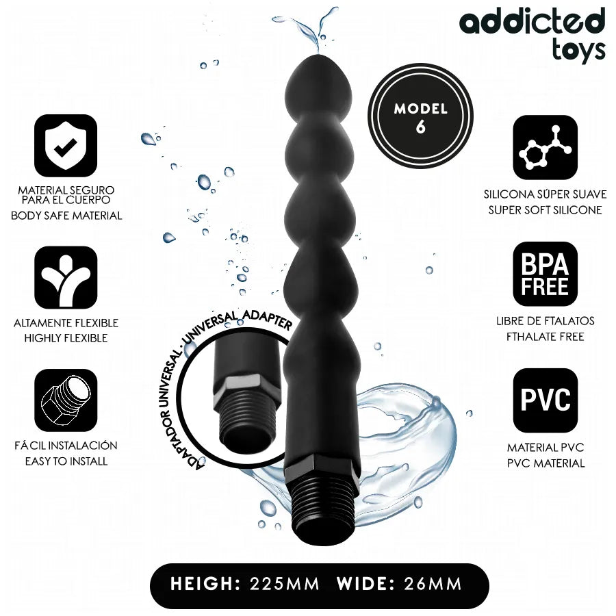 Nettoyeur anal noir Addicted Toys Modèle 6, design à perles, PVC souple, avec adaptateur universel, hygiène intime optimale.